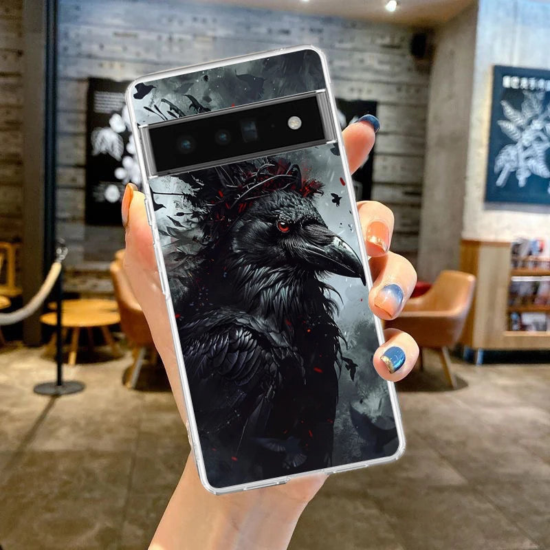 Black Raven Phone Case Cover for Google Pixel 9 8 7 6 5 4 4XL Soft TPU 7A 6A 5A 4A 3A Pro XL 5G Transparent Shell Fundas Capas