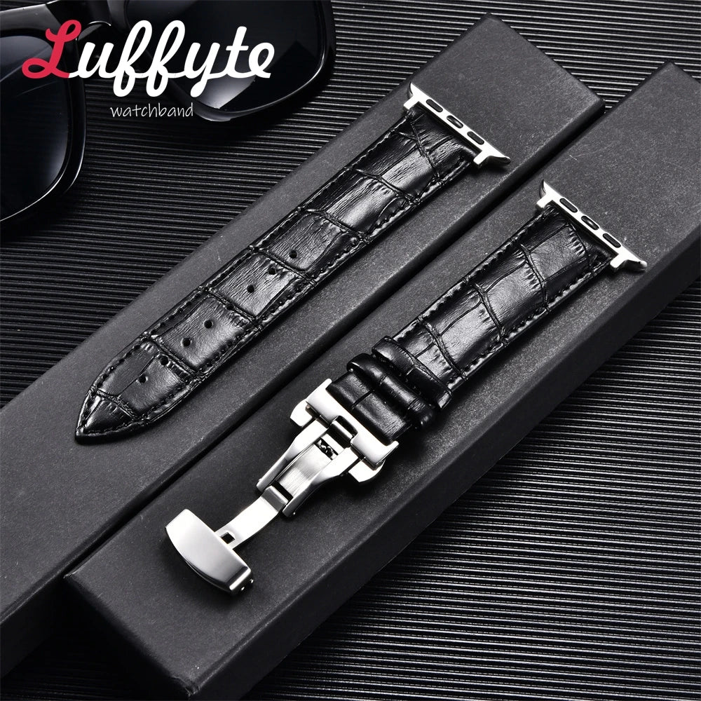 Bamboo Patterned Genuine Leather Strap for Apple Watch Ultra 8 7 SE 6 5 4 3 2 1 Business Watchband 38 40 41mm 42 44 45 49mm