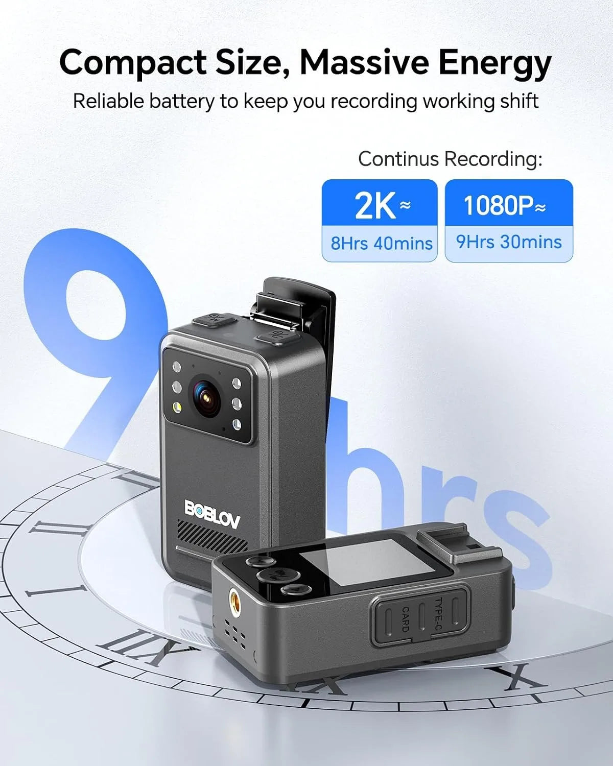BOBLOV Mini Camera 1.54 Inch Display 2K 9 Hours Battery Recording Cam with Night Vision Wearable Body Camera for Bike Riding