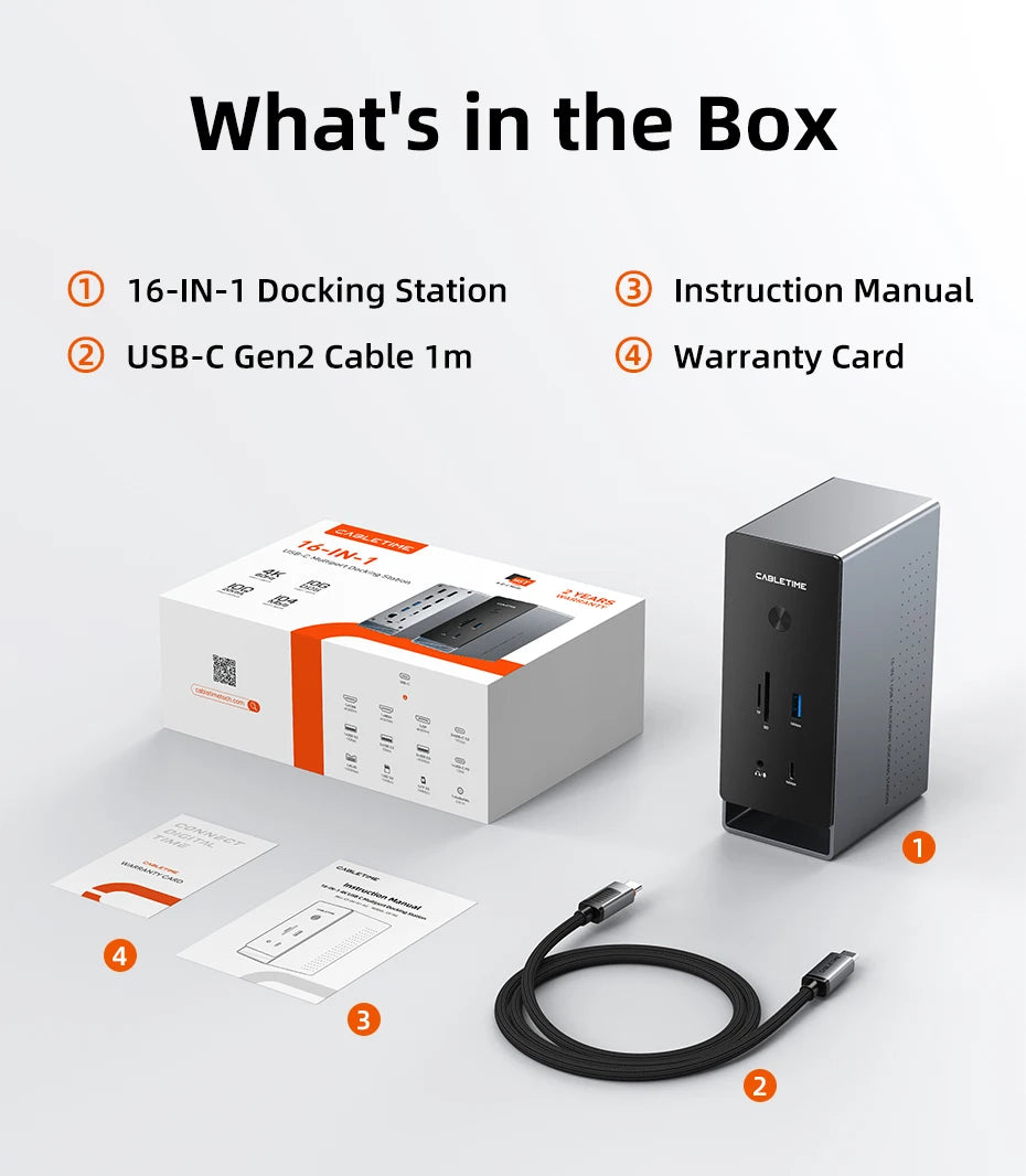 CABLETIME 16 IN 1 USB C Docking Station 4K HDMI-compatible M.2 SSD Enclosure Ethernet 100W PD Dock Hub SD/TF Working Station