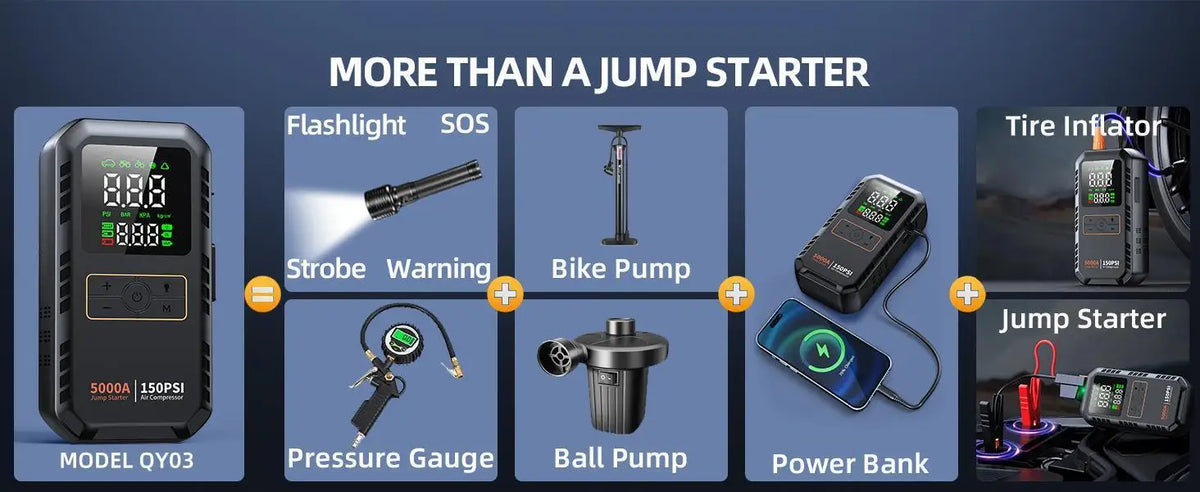 5000A Car Jump Starter with Air Compressor 150PSI Tire Inflator Auto Battery Booster Portable Jump Box