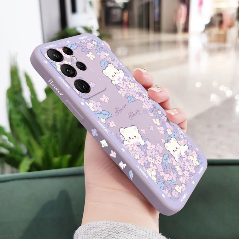 Flower Bush Bear Phone Case For Samsung Galaxy S25 FE S24 S23 S22 S21 S20 Ultra Plus FE S10 Note 20 Ultra 10 9 Plus Cover