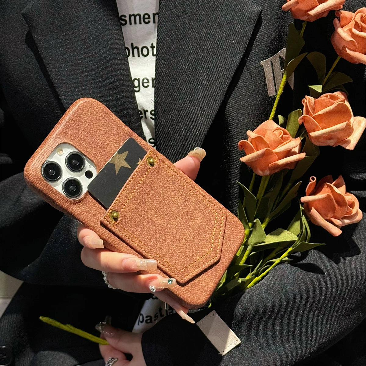Luxury Denim Leather Card Bag Case For iPhone 15 14 13 12 11 Pro Max