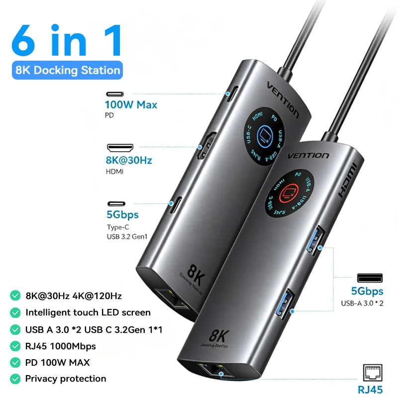 Vention USB C 8K 4K HDMI HUB Led Display USB A C 3.0 3.2 Gen1 Ethernet 1000Mbps Adapter for MacBook iPad HP Dell Samsung Laptop