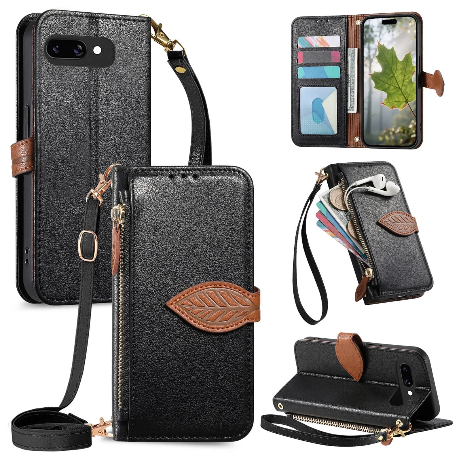 Purse Case for Google Pixel 10 9 Pro XL 10A 9A, Zipper Pocket Phone Protection Cover with Card Slots Holder Wrist Strap Lanyard