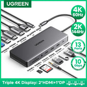 UGREEN 13-in-1 USB-C HUB Triple Monitor Extend 4K 2xHDMI 1xDP 10Gbps USB3.2 PD100W SD/TF RJ45 Dockingfor Windows Laptop HP Dell