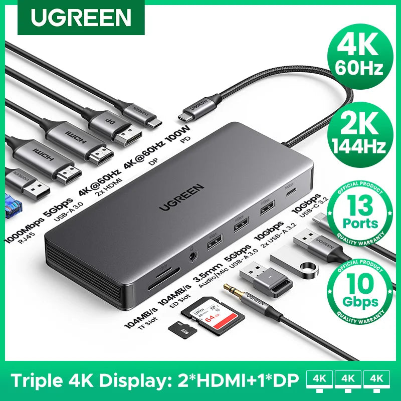 UGREEN 13-in-1 USB-C HUB Triple Monitor Extend 4K 2xHDMI 1xDP 10Gbps USB3.2 PD100W SD/TF RJ45 Dockingfor Windows Laptop HP Dell