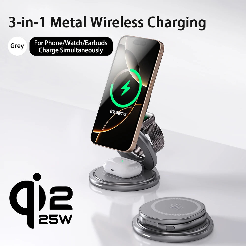 Qi2.2 25W Metal Wireless Charger Protable Fast Charging Station Stand 360° Rotation for iPhone 17 16 15 14 Pro Max Watch Airpods