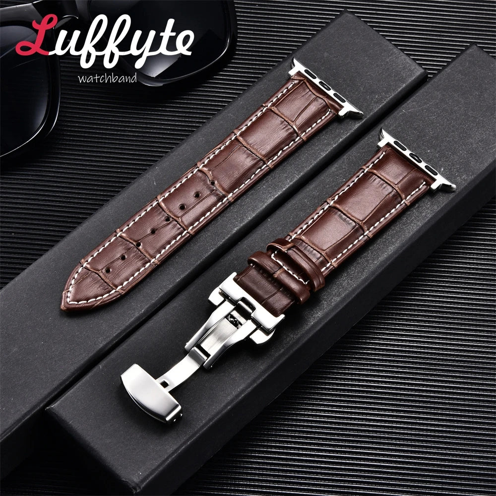 Bamboo Patterned Genuine Leather Strap for Apple Watch Ultra 8 7 SE 6 5 4 3 2 1 Business Watchband 38 40 41mm 42 44 45 49mm