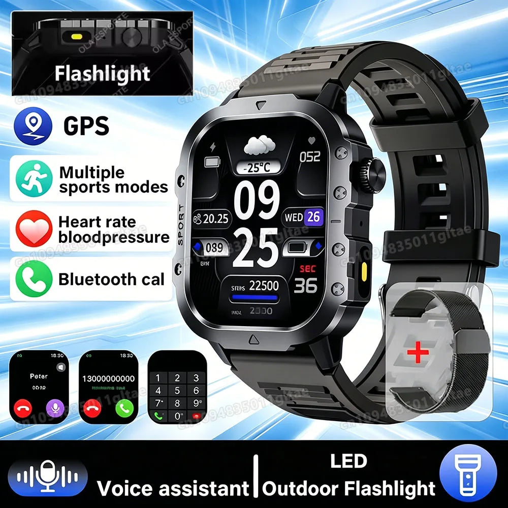 2026 New Military-grade Smart Watch Men GPS Flashlight 3ATM Waterproof Watch Bluetooth Call 100+Sport Outdoor Smartwatch Pk Hw12