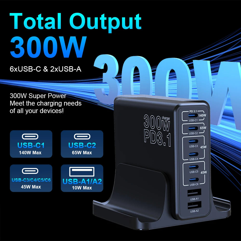 Ubigbuy 300W USB C Fast Charger Multi Port GaN 140W PD 3.1 Charging Station PPS 100W 45W for MacBook Pro M2 iPhone 15 14 Galaxy