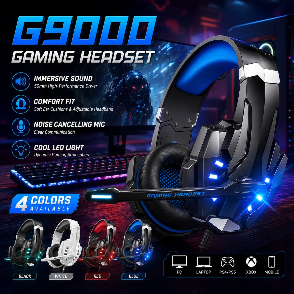 Gaming Headset G9000 Over Ear Wired Headphones 3.5mm Audio USB LED Light with Microphone Stereo Sound for PC PS5 Video Games