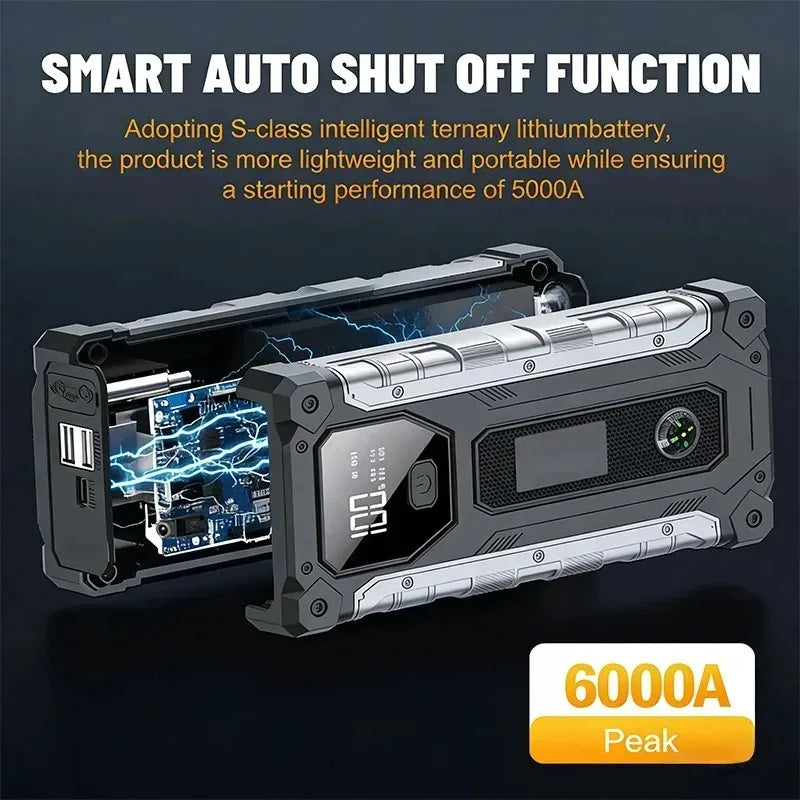 6000A Car Jump Starter Power Bank 12V – Emergency Booster for SUV, Truck, Petrol & Diesel with LED Flashlight & Dual USB Charger