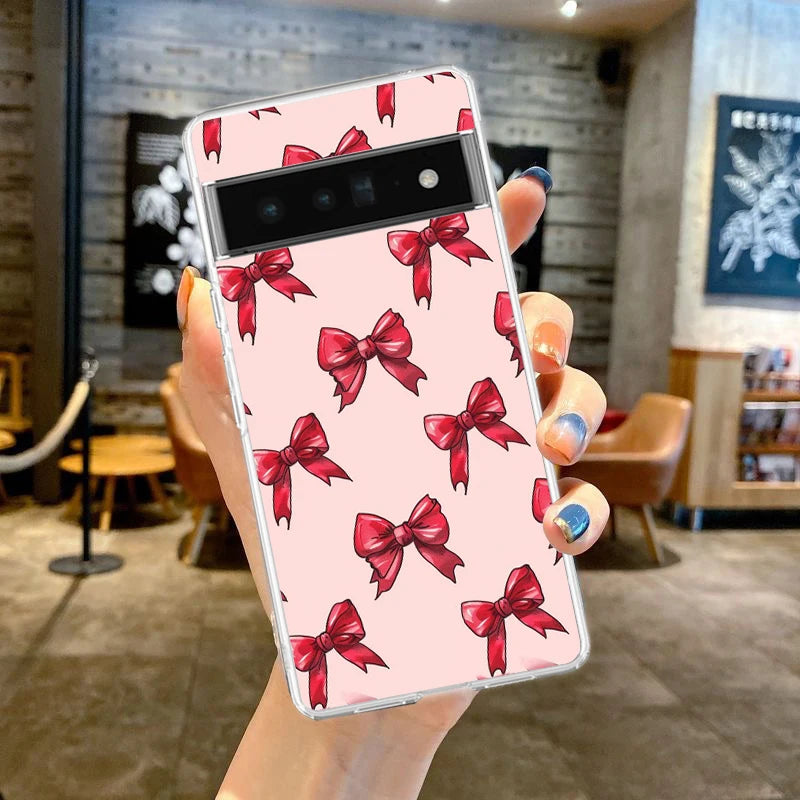 Cute Cherry Bow Phone Case For Google Pixel 9 8 7 6 Pro XL 8A 7A 6A 5 4 5A 4A 3A XL 5G soft Silicone Clear TPU Cover