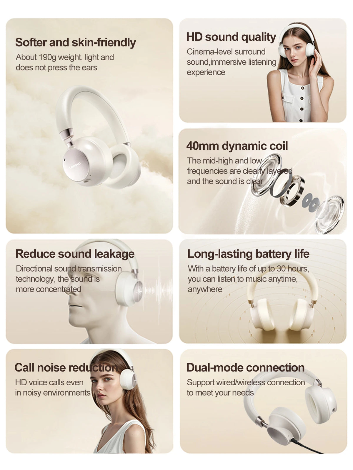 Lenovo TB300 Bluetooth 5.4 Over Ear Headset Noise Reduction Mic 190g Light Soft Earpads 400mAh Battery 3.5mm Wired Headphones