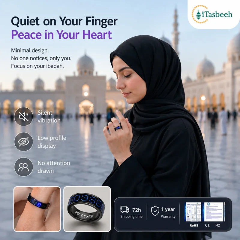 SQ666 Smart Zikr Tasbeeh Steel Ring with Magnetic Charging Case LED Display Comprehensive Health Monitoring Gift
