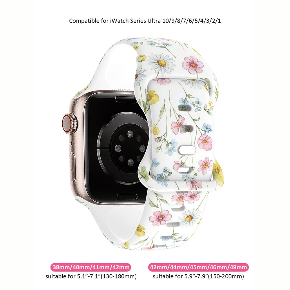 Floral Watch Band for Apple Watch 38/40/41/42/44/45/46/49mm, Elegant Women Soft Silicone Strap, for iWatch Series 12 11 10 9 8 7