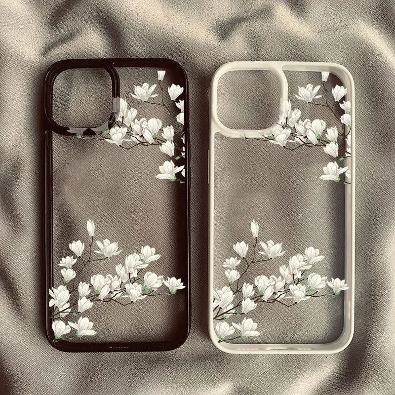 White Magnolia Flower Phone Case For iPhone 14 Pro 15 13 12Mini 11 XR XS Max 16 17 Air Plum Blossom Shockproof Clear Hard Cover