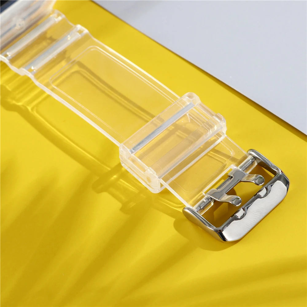 Clear Band + Case for Apple Watch Series 9 8 7 6 SE 5 49mm 45mm 44mm 38mm 41mm Transparent for iwatch 10 46mm 42mm Plastic Strap
