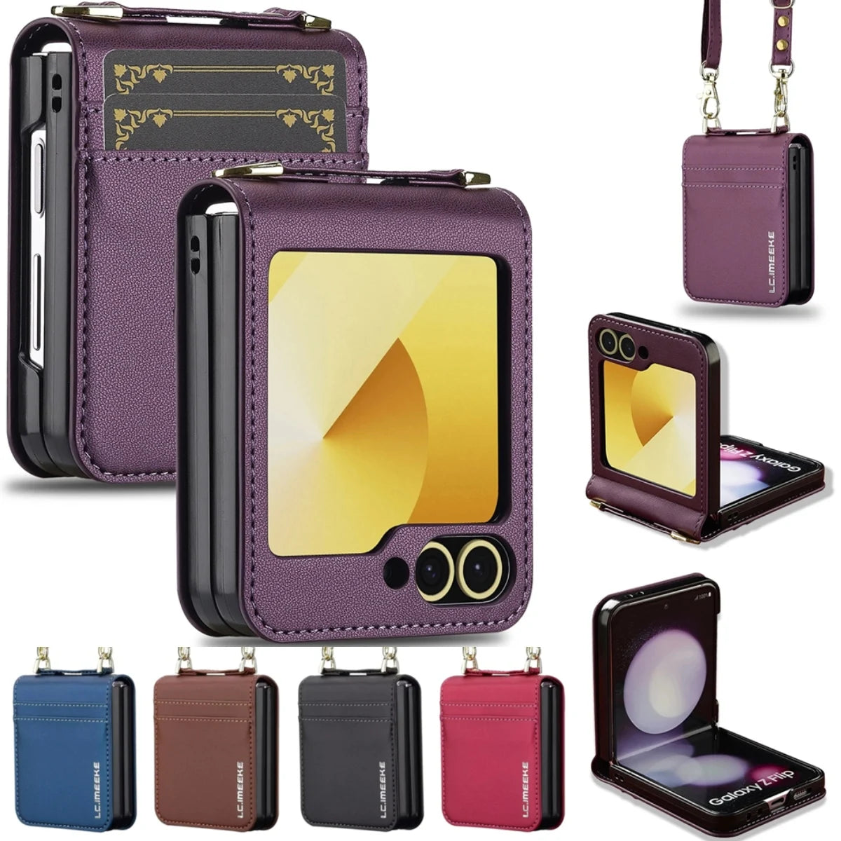 Luxury Crossbody Cards Solt Wallet Leather Case for Samsung Galaxy Z Flip 8 Flip7 Flip 6 5 4 Hand Strap Lanyard Pocket Cover