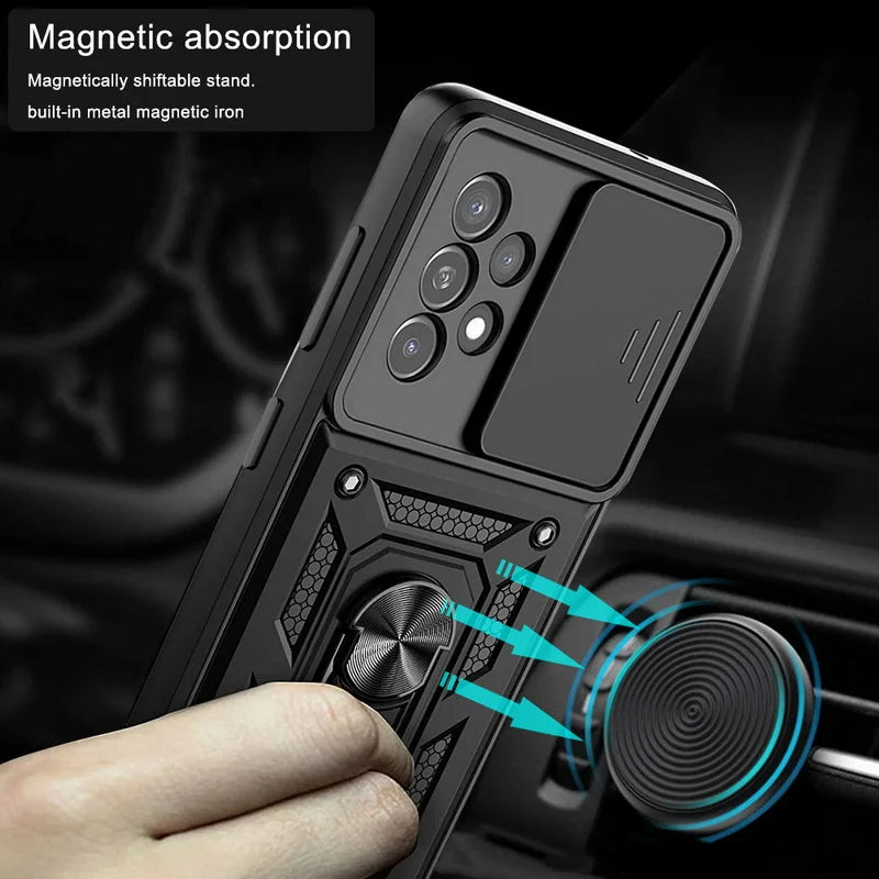 Slide Camera Lens Armor Case For Samsung Galaxy S24 S23 S22 Ultra S21 S20 FE Plus A51 A71 A53 A54 A34 Magnetic Ring Stand Cover