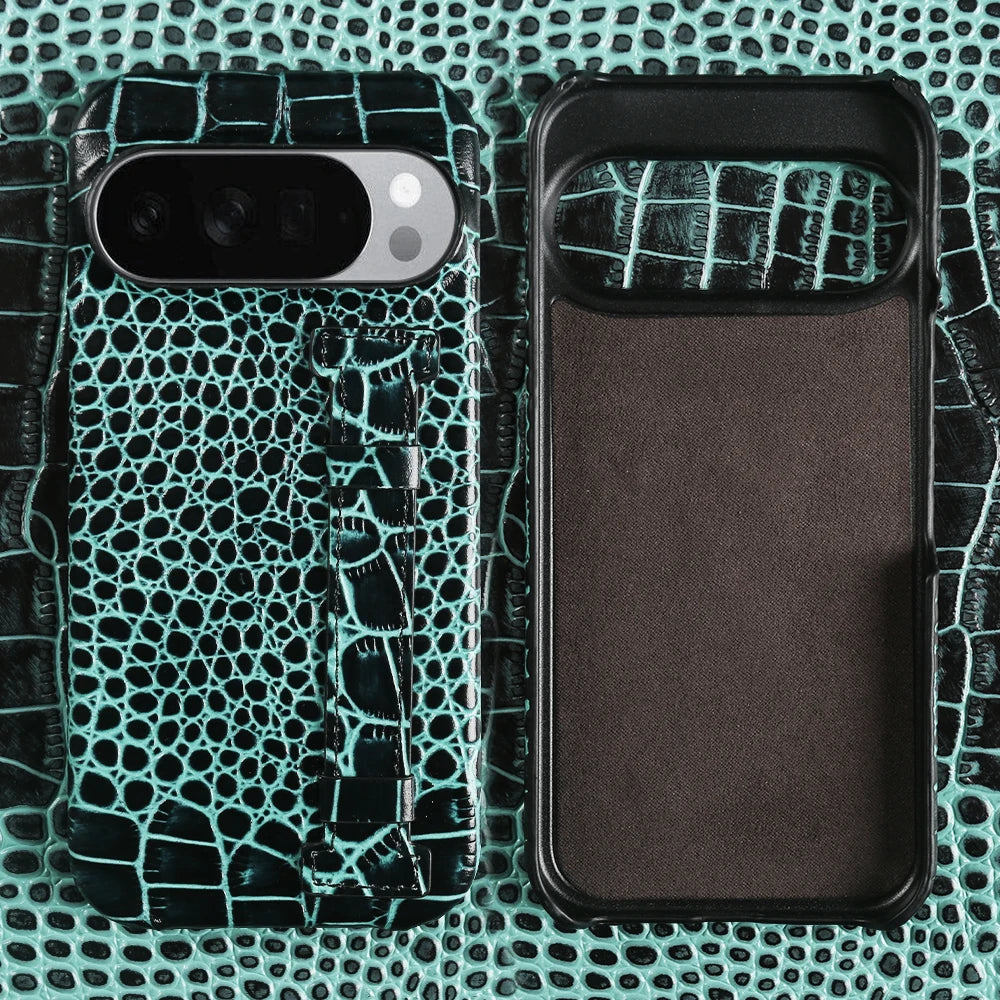 With Wrist Strap Crocodile Genuine Leather Case For Google Pixel 10 Pro 10A 9A 9Pro XL 8A 8 7A 7 6A 6 Pro 5A 5 Back Cover Cases
