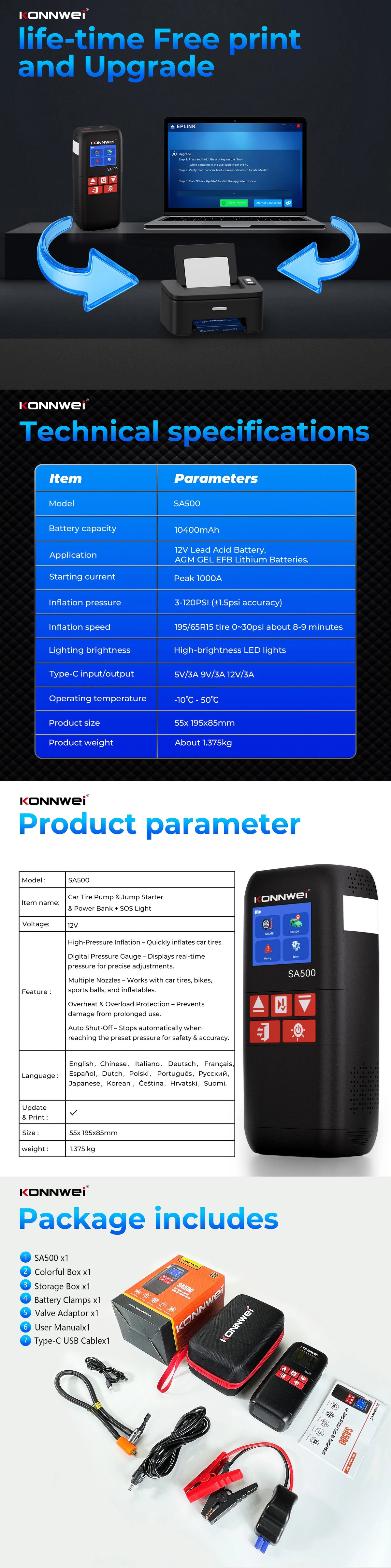 KONNWEI SA500 Car Jump Starter with Air Compressor 12V Portable Battery Booster Tire Inflator Power Bank Vehicle Emergency Start