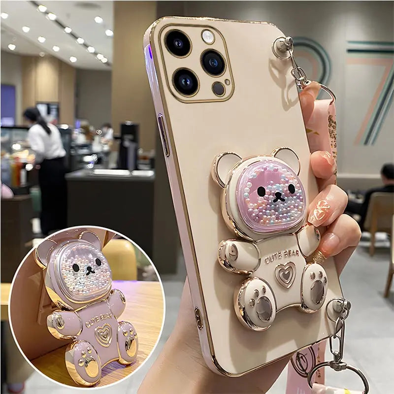 Quicksand Bear Holder Lanyard Phone Case For iPhone 14 11 12 13 Pro Max Mini 8 7 6 6S Plus 10 X Xr Xs Max SE Strap Stand Cover