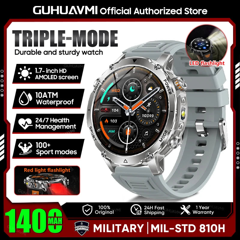 2026 New TANK Ultra 1400mAh Battery Military Smart Watch 10ATM Waterproof Heart Rate Tactical LED Flashlight Men Sports Bracelet