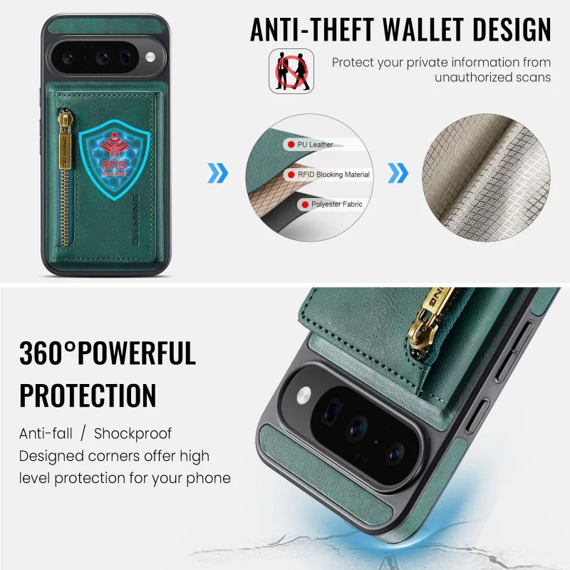 DG.MING Zipper Leather Wallet Phone Case for Google Pixel 10 Pro XL Pro 9 8 2 IN 1 Detachable Card Holder Funda Cover Hoesje Bag