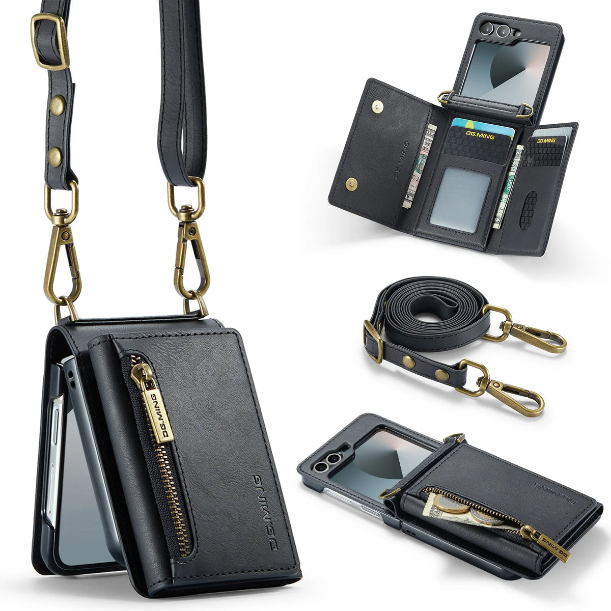 2 in 1 Luxury Leather Flip Phone Case For Samsung Galaxy Z Flip 8 7 6 5 4 3  Magnetic Wallet Card Solt Zipper Lanyard Cover ﻿
