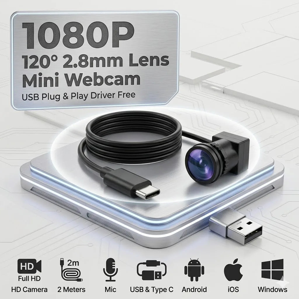 1080P Mini Webcam for Video Call TV, 3.7mm 90° & 2.8mm 120° Lens, USB Type-C Plug Play PC Camera with Mic, 2M Cable Android iOS