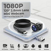 1080P Mini Webcam for Video Call TV, 3.7mm 90° & 2.8mm 120° Lens, USB Type-C Plug Play PC Camera with Mic, 2M Cable Android iOS