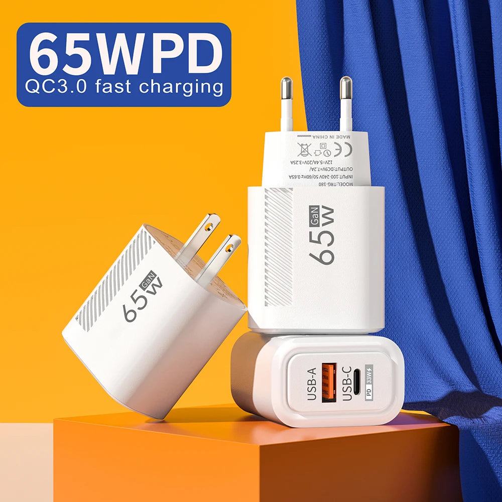 PD 65W GaN Charger USB C Fast Chargering Adapter For Samsung S23 S22 iPhone 15 14 Xiaomi Huawei LG Quick Charge 3.0 USB Charger