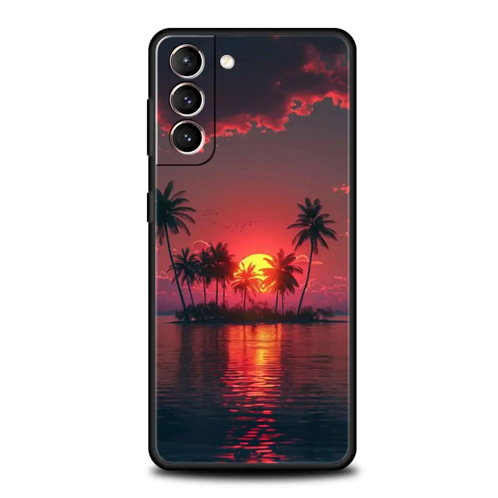 Summer Beach Scene at Sunset on sea Palm Tree Case For Samsung Galaxy S24 S23 S22 S20 Ultra S21 FE 5G S10 S9 Plus S10E S8 Cover