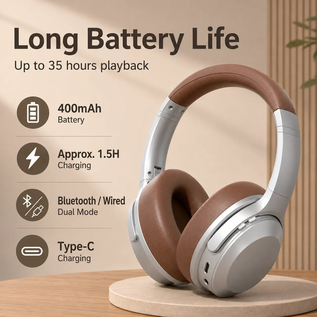 ANC Headphones Bluetooth 5.3 Over Ear Earphones Wireless Hi-Fi Stereo Headset with Mic 35H Playtime Type-C AUX Foldable Design