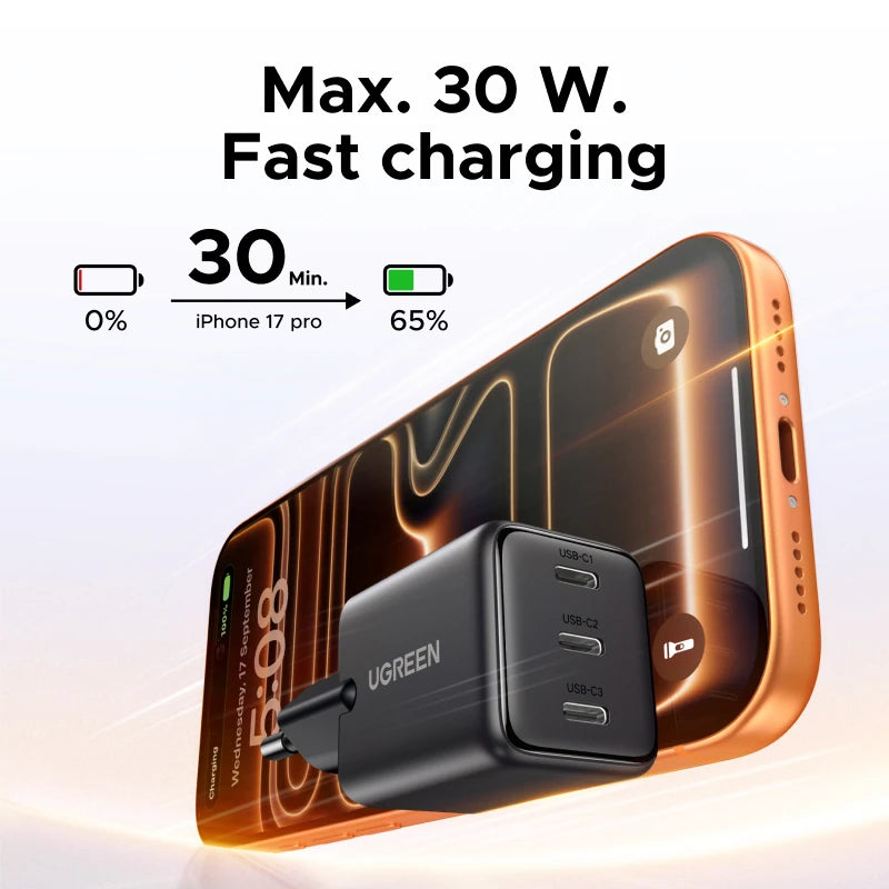 UGREEN 30W GaN Charger PD 3.0 UFSC PPS For iPhone 17 16 15 Pro Max Samsung S25 Xiaomi Tablet iPad Air Pro 3 USB C Phone Charger
