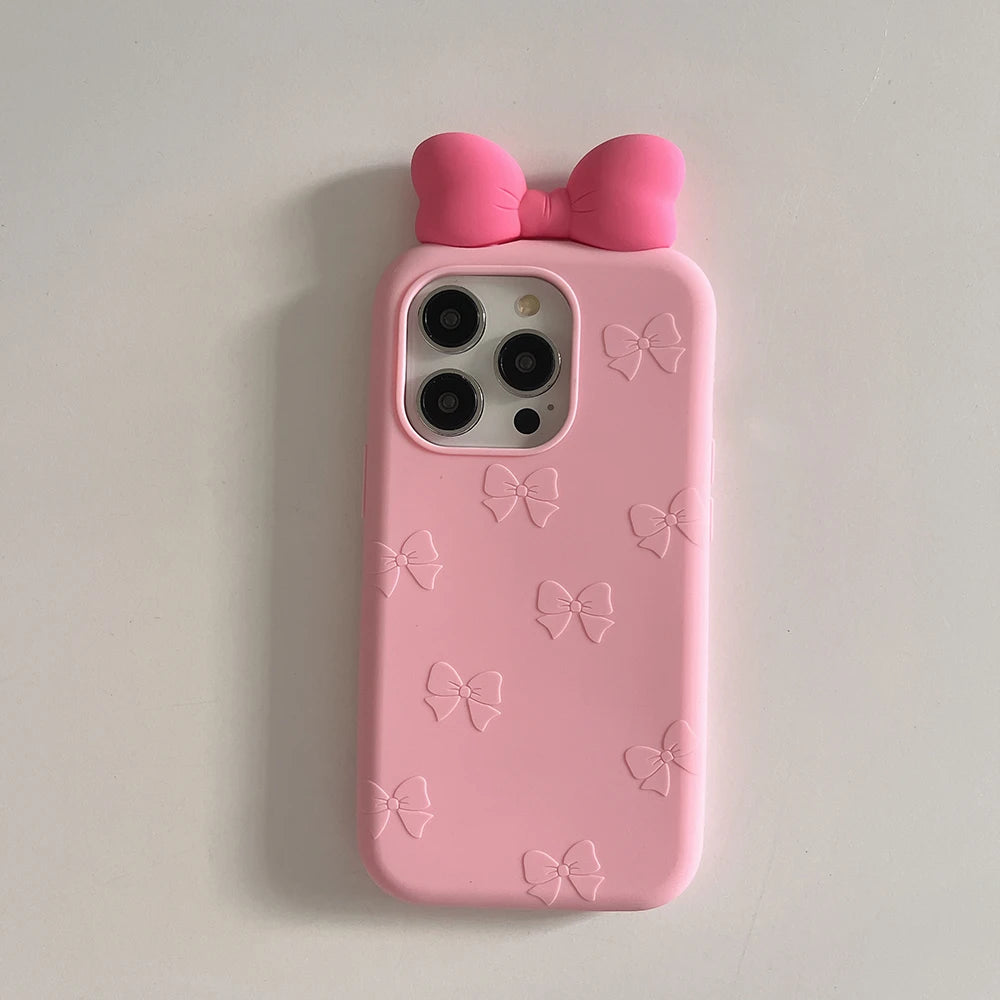 3D Cute Bowknot Cartoon Tie Silicone Phone Case for IPhone 13 14 15 16 Pro Max 17 15pro Shockproof Soft Lovely Cover