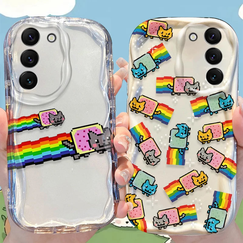Rainbow Cat Wave Case for Samsung Galaxy S25 S24 S23 S22 S21 Ultra Plus S20 FE A73 A72 A71 A56 A55 A54 5G A52 A52S A51 4G Cover