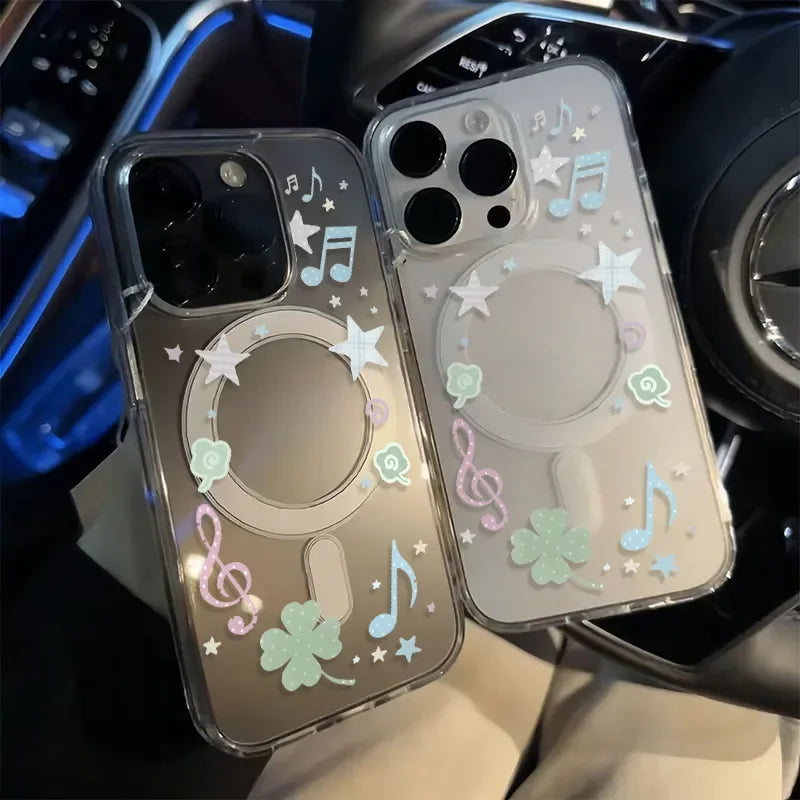 Music Notation Clover Stars For Magnetic Magsafe Phone Case For iPhone 16 15 14 13 12 11 Pro MAX 16e Plus 12 MINI Y2K Soft Cover