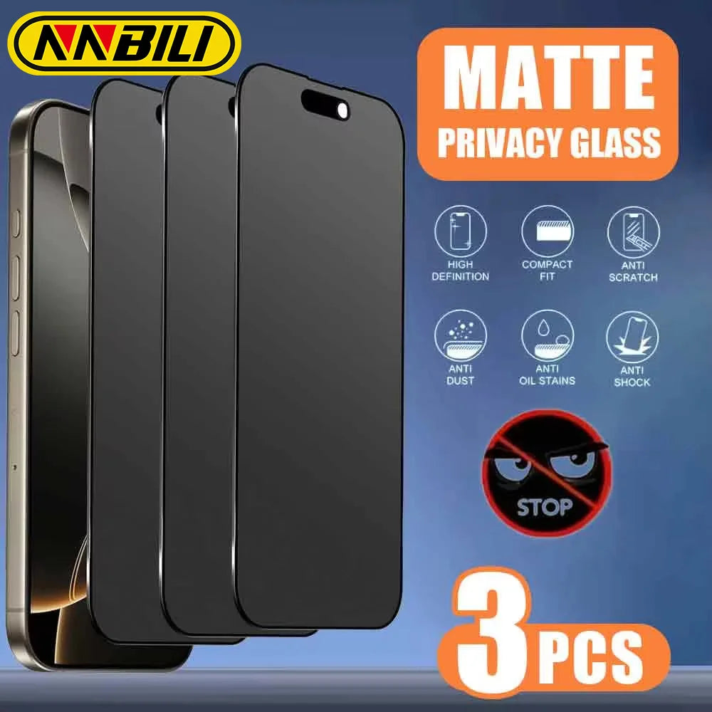 NNBILI 3pcs Full Cover Matte Privacy Screen Protector For iPhone 18 17 16 15 14 13 12 11 Pro Max Plus Mini XS Anti-Peeping Glass