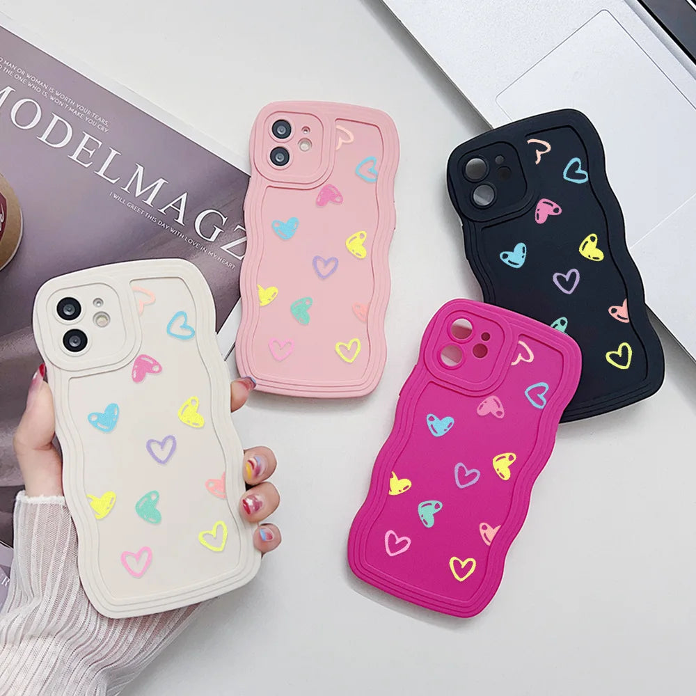Silicone Phone Case For iPhone 11 6s 16 Plus 13 15 14 Pro Max 12 XR Wave Shockproof Soft Love Heart Cover Funda