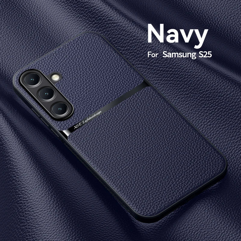 Back Leather Case Cover for Samsung Galaxy S25 S24 S23 Ultra Plus S25FE S24FE Car Holder Magnetic Leather Case Cellphone Coques