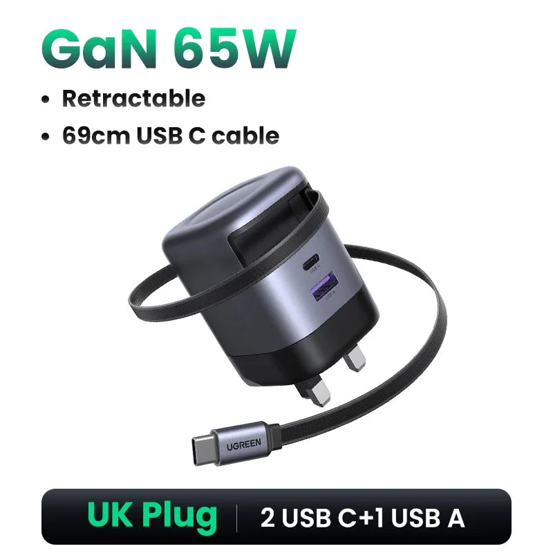 UGREEN 100W GaN Charger With Retractable USB C Cable UFCS PPS PD Fast Charger For Laptop Macbook Pro iPad Tablet iPhone Samsung