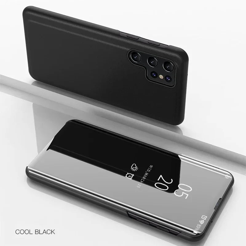 Mirror Flip Luxury Cases For Samsung Galaxy S26 Ultra S25 S23 S22 S21 Plus Fe Note 20 S24 Ultra Leather Texture Shockproof Cover