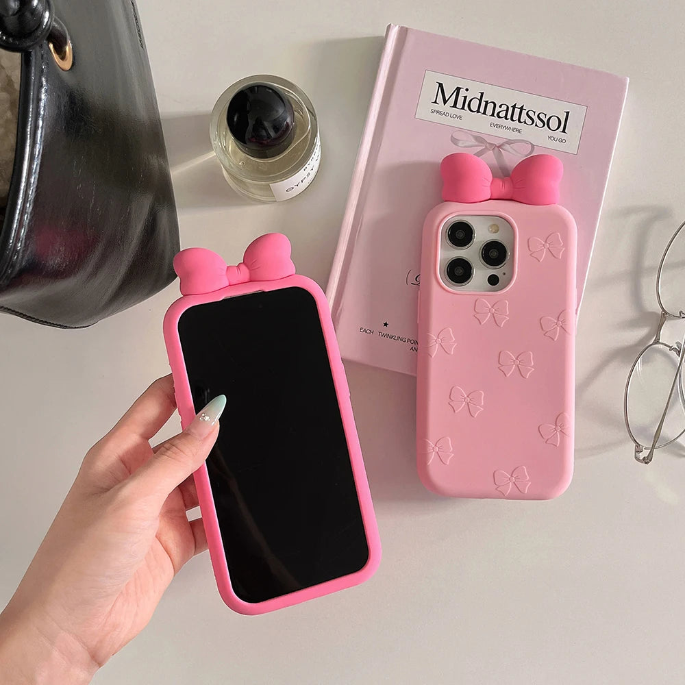 3D Cute Bowknot Cartoon Tie Silicone Phone Case for IPhone 13 14 15 16 Pro Max 17 15pro Shockproof Soft Lovely Cover