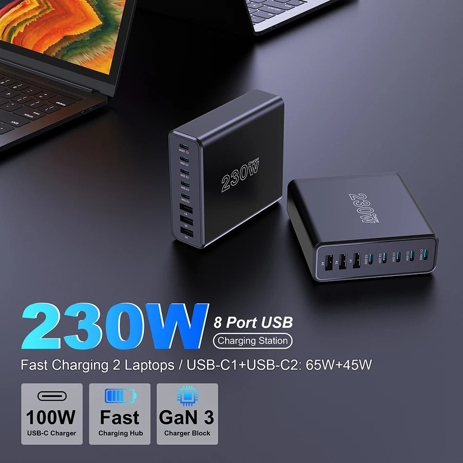 Ueetop 230W GaN USB C Charger Desktop Charging Station Multiple Port PPS PD 100W 65W 45W Fast Charge For Macbook iPhone Samsung