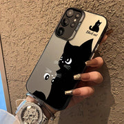 Cute Black Cat Print Color Silver Gradient Phone Case For Samsung Galaxy A73 A72 A71 A56 A555 A54 A53 A52 A51 A50 PC+TPU Cover