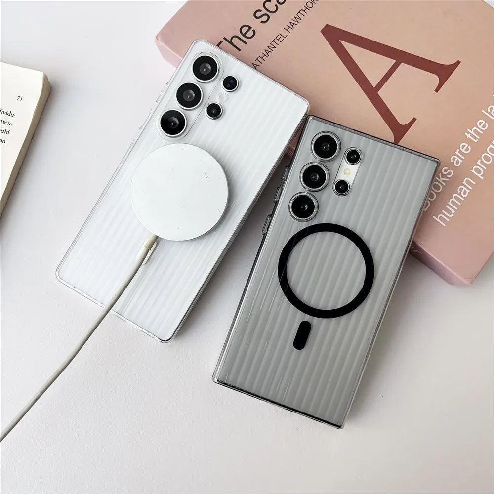 Matte Clear Corrugated Phone Case For Magsafe Samsung Galaxy S25 Ultra S24 S23 Plus Ultra Wireless Charging Magnetic Cover