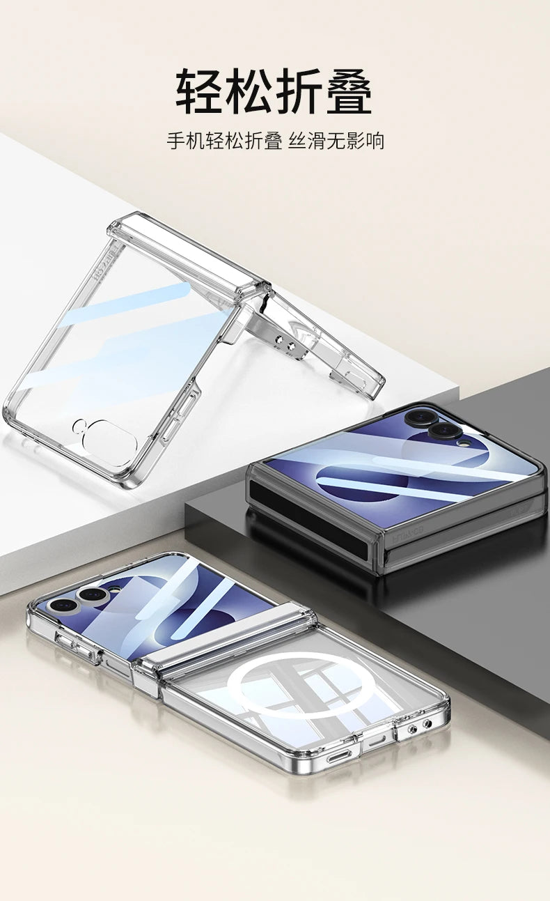 For Samsung Galaxy Z Flip 8 Case Transparent Magnetic Wireless Charging Hinge With Mirror Film Shockproof Back Cover Accessories